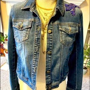 DKNY stretch denim with a lil critter addiction  sizeS small beaded lizard